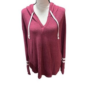 Hollister Heathered Burgundy Hoodie V Neck Drawstring L/S Striped Pullover Top L